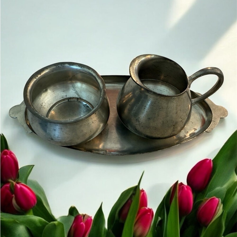 Pewter cream and sugar dish with tray made in Holland‎